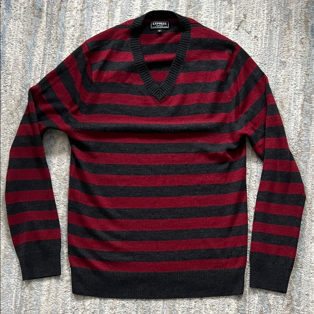 Express Men's V-Neck Sweater - Red/Burgundy and Charcoal Stripes - Small